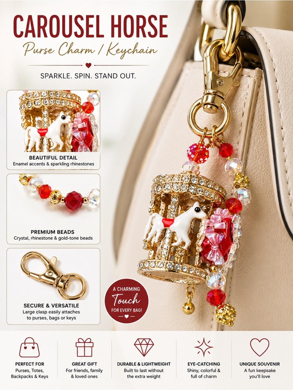 Carousel Horse Purse Charm Keychain - White & Gold with Red Accents